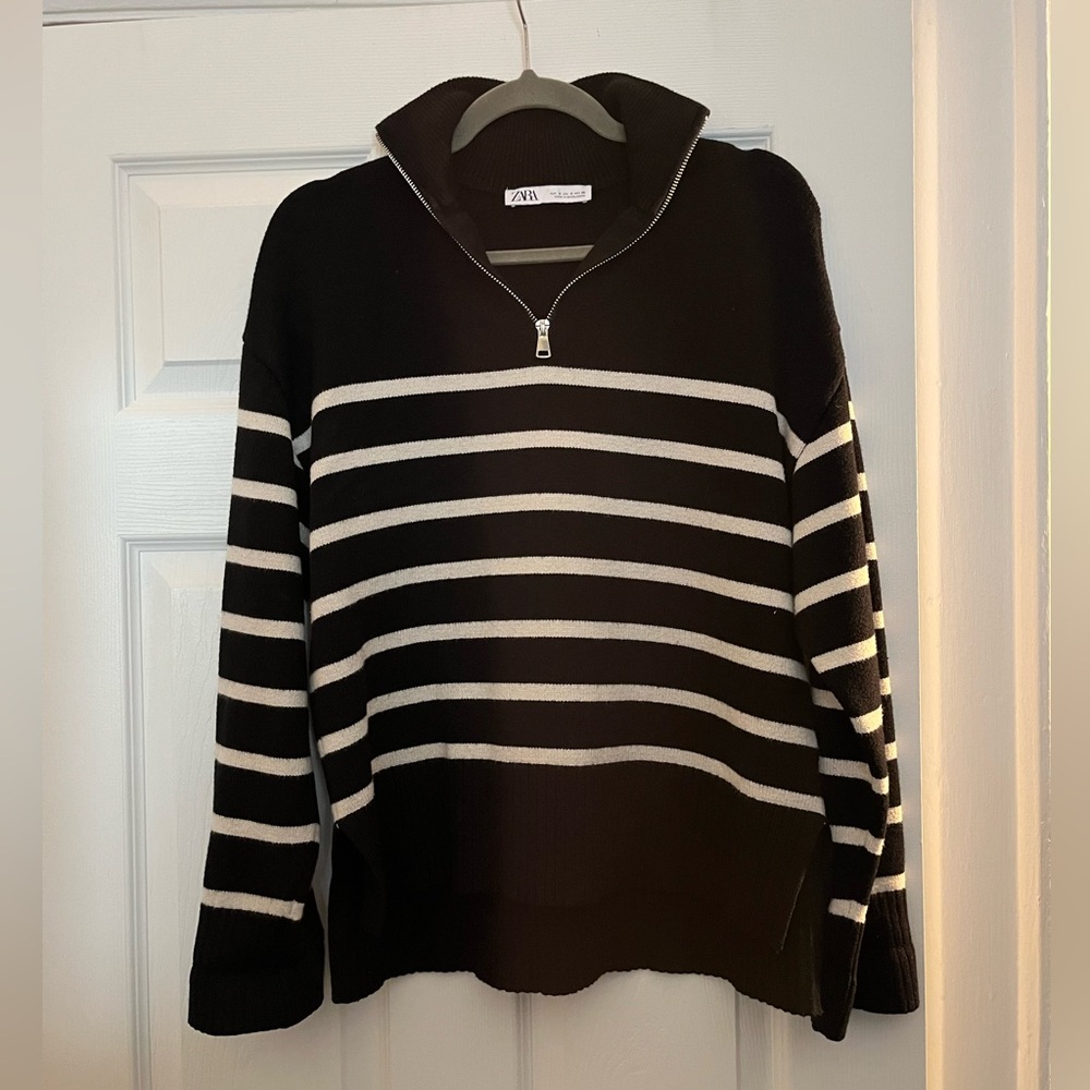 Zara Black and White Striped Turtleneck Sweater